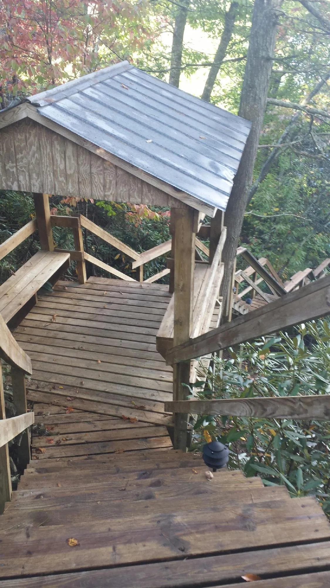 Metal roofed shelter over wooden steps on a wooded walkway — Skylight Repair & Installation work by our crew in Freeville